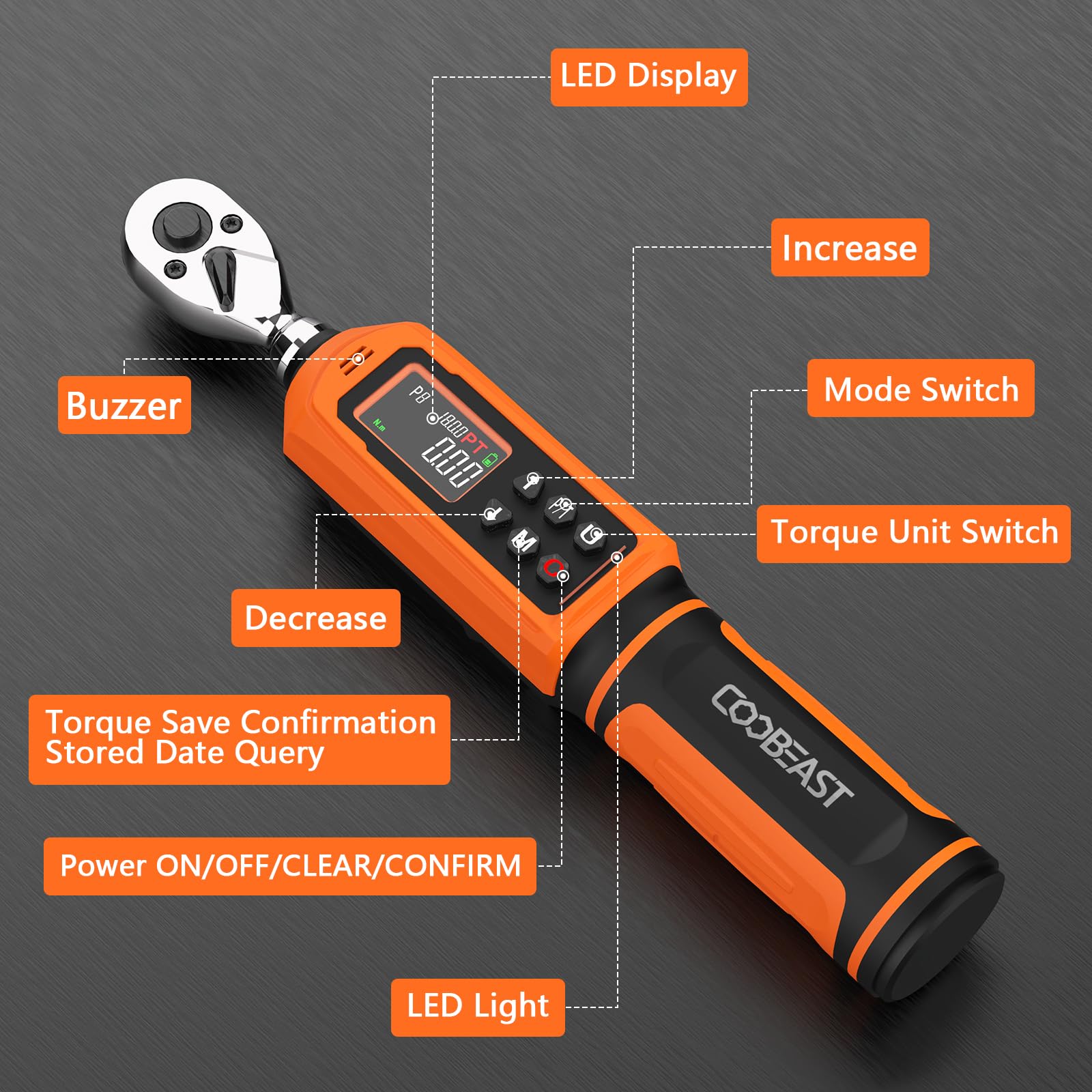 Coobeast torque wrench with large backlit LCD for dim environments
