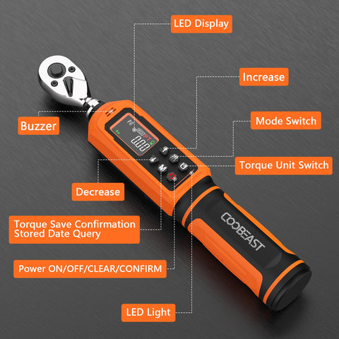 Coobeast torque wrench with large backlit LCD for dim environments