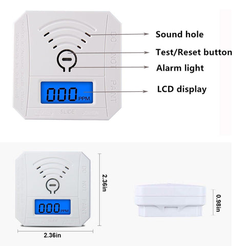 COOKSS CO detector shows 85 dB alarm and red LED indicator.