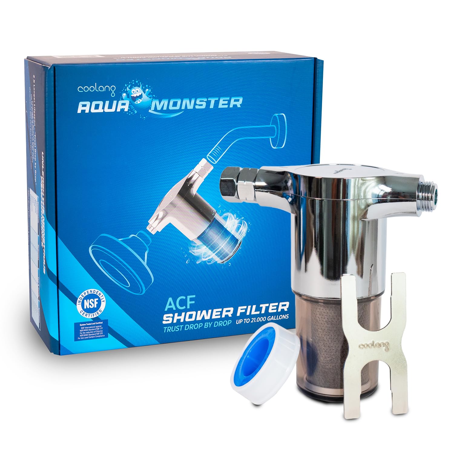 Coolang Aquamonster ACF shower filter front view showing compact design and chlorine reduction