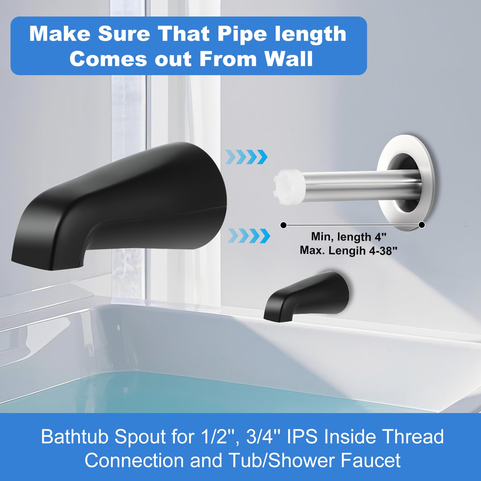 Coolfell spout with 5-inch length aligns with tub edge.