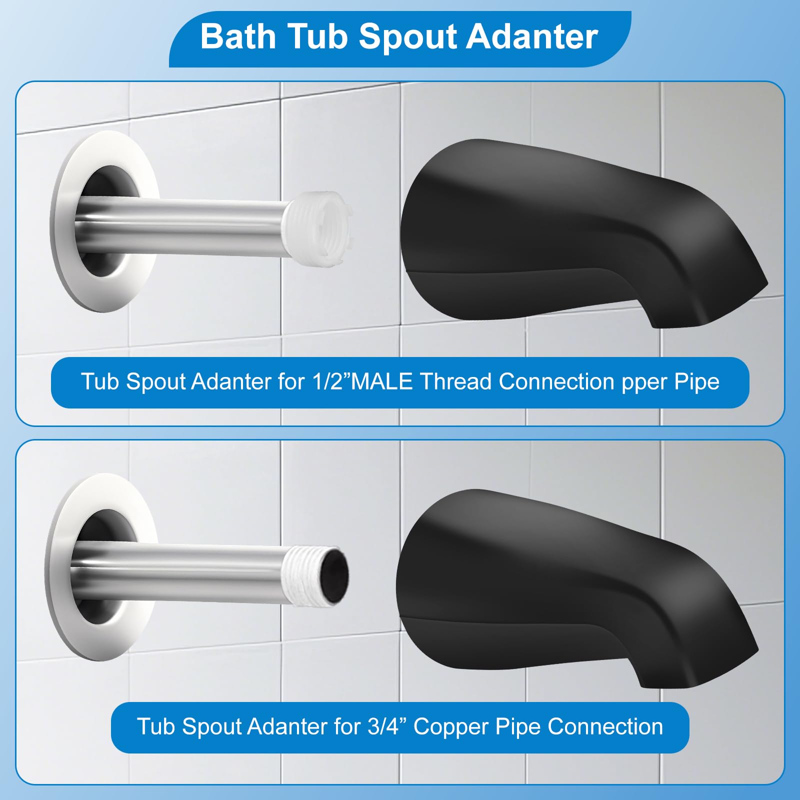 Coolfell tub spout adapter for 1/2 inch male threads and 3/4 inch IPS