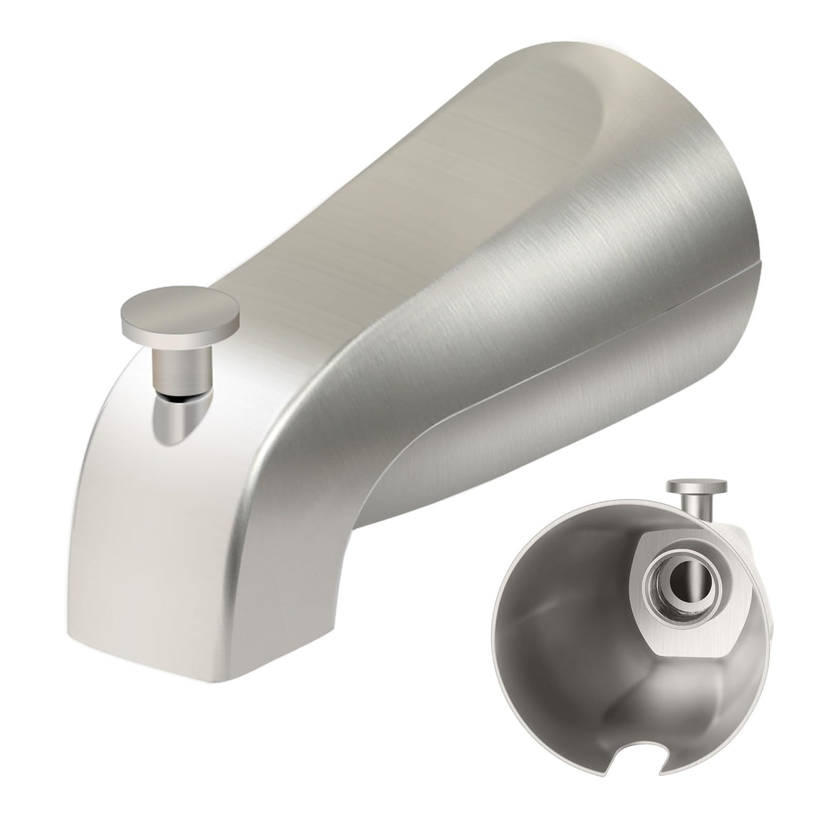 Coolfell tub spout diverter in brushed nickel showing easy water redirection from tub to shower