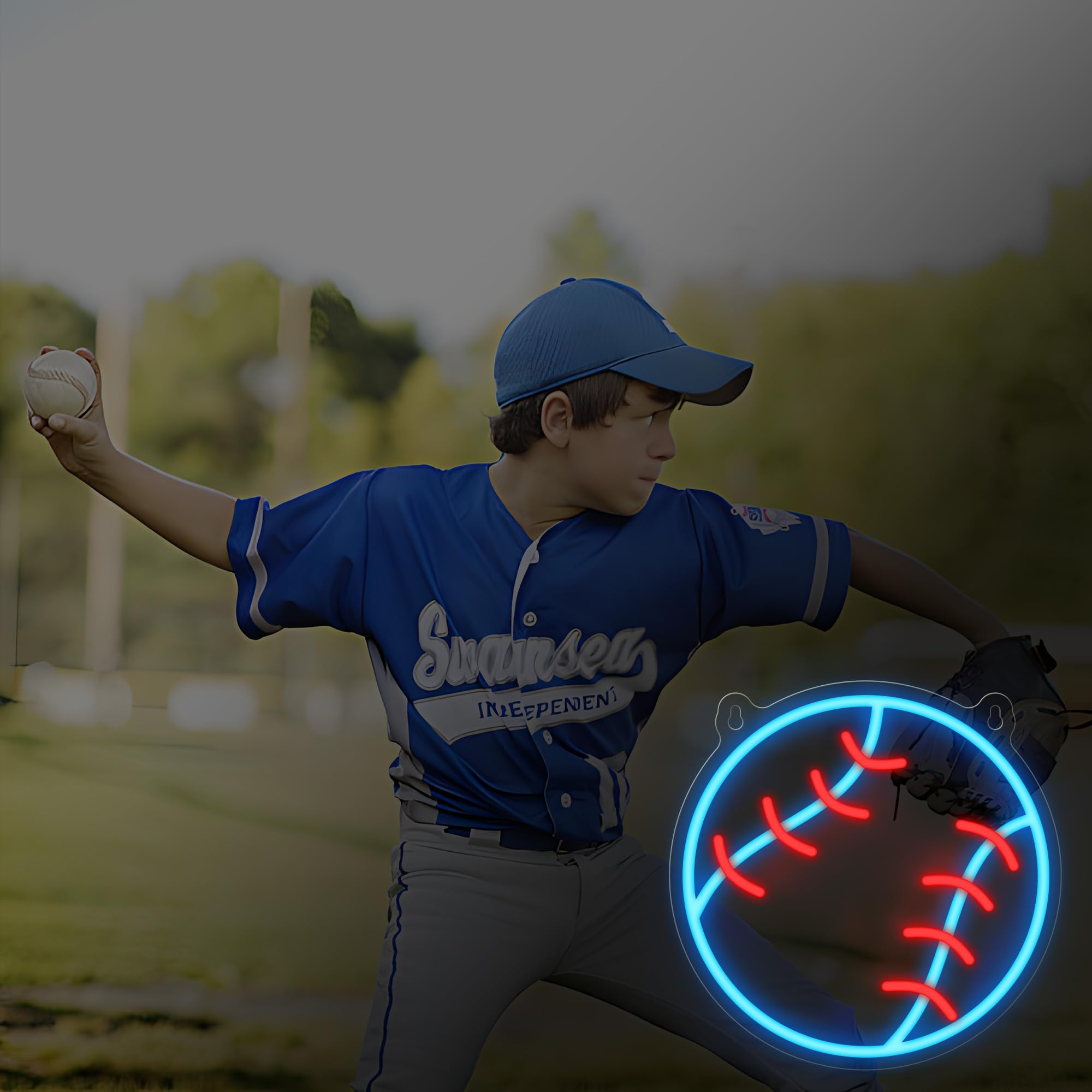 CoolGift Mart baseball neon sign hangs on wall for room decor.