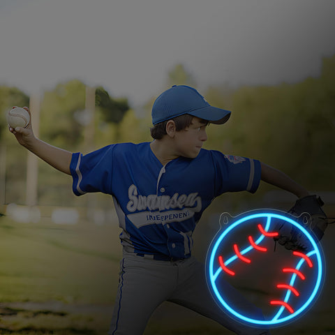 CoolGift Mart baseball neon sign hangs on wall for room decor.