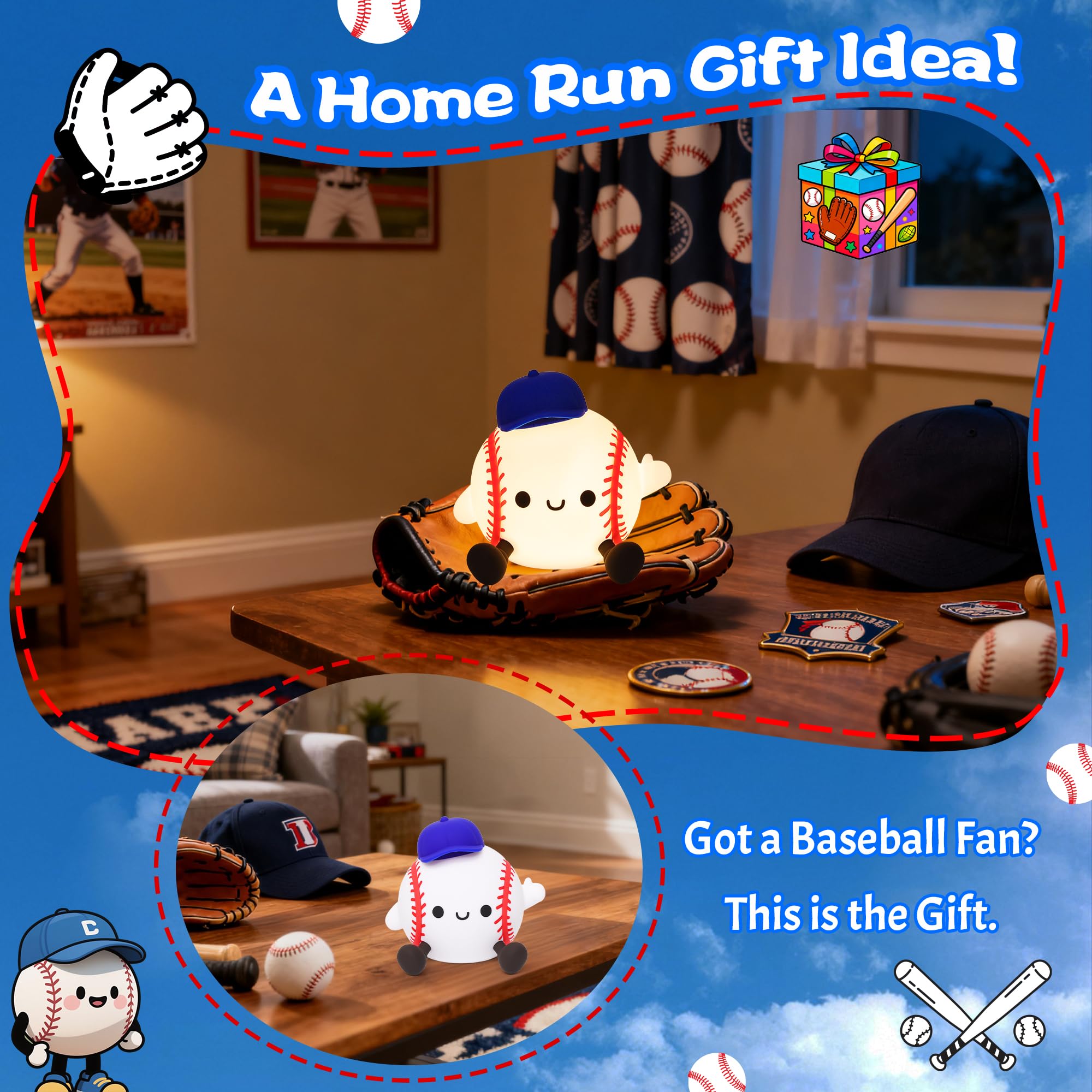 CoolGift Mart Baseball Night Light USB rechargeable for desk use.