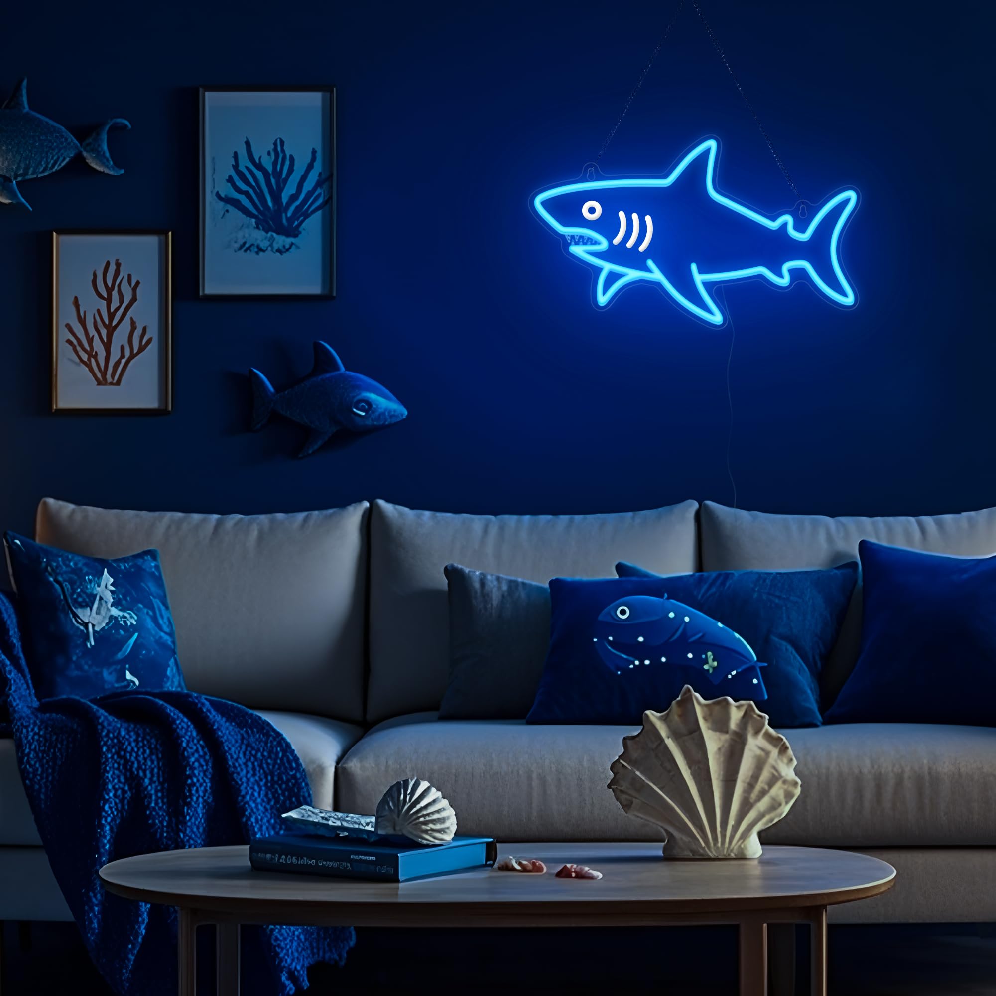 CoolGift Mart shark neon sign bedroom setup adds dramatic glow