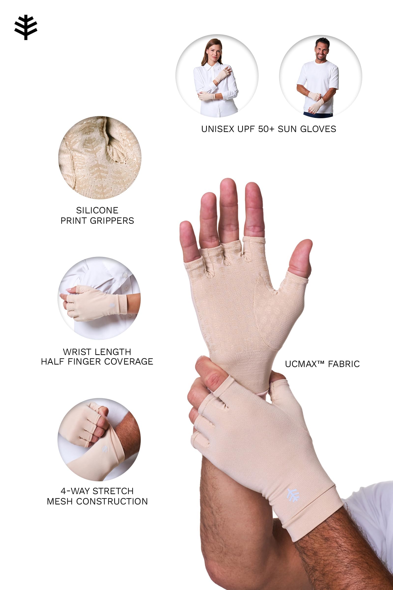 Coolibar Ouray beige glove on hand demonstrating comfortable all-day wear.