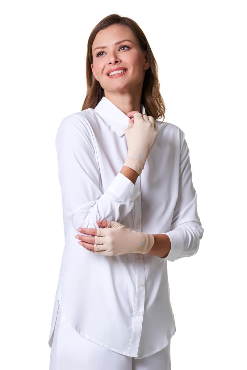 Coolibar Ouray beige soft material close-up emphasizing lightweight comfort.