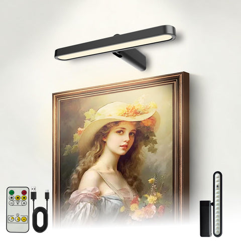 Coolilumi picture light with remote control highlights artwork with adjustable brightness.