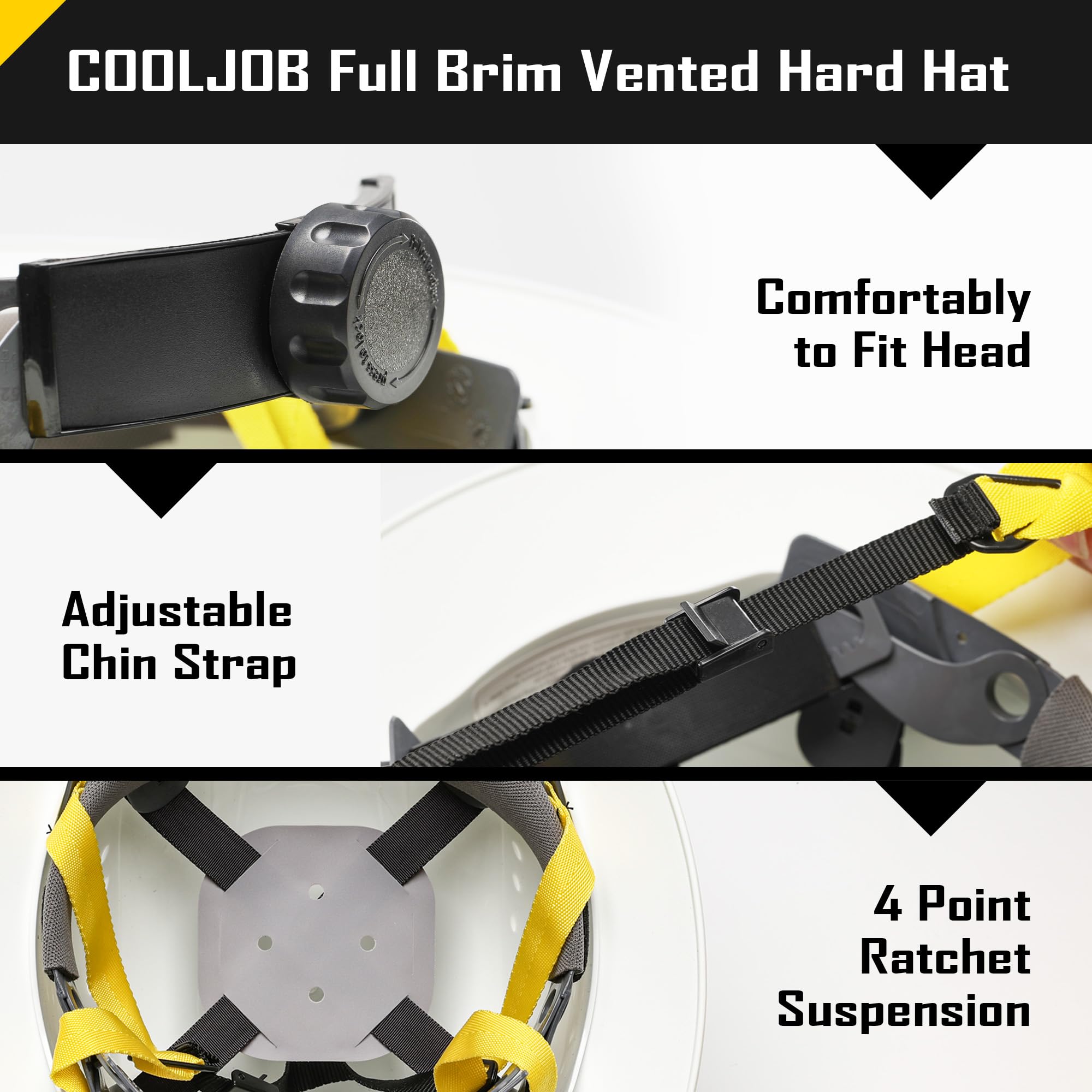 COOLJOB full-brim hard hat back view shows secure fit and neck protection.