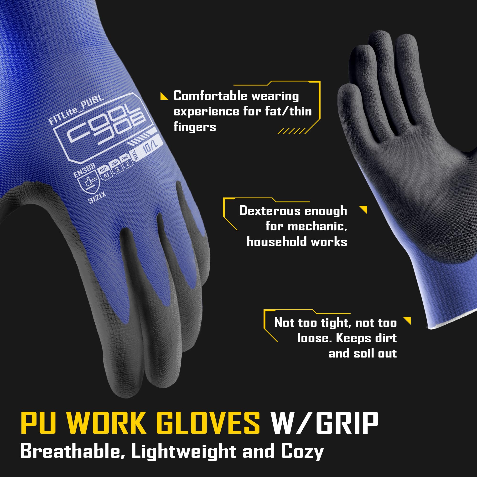 COOLJOB gloves PU dip palm coating for secure grip in varied conditions.
