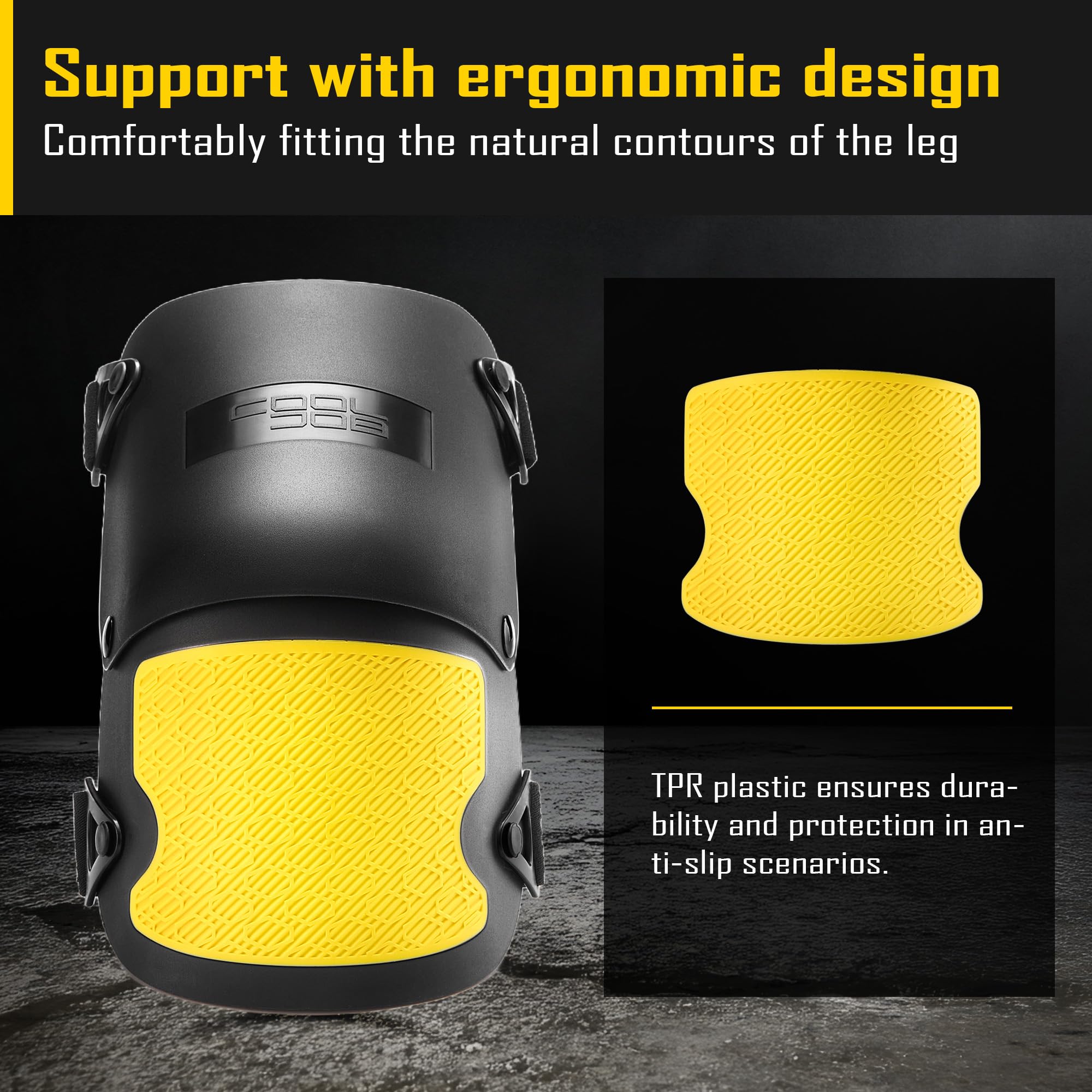 COOLJOB knee pads dual strap system offers secure, slip-free wear.