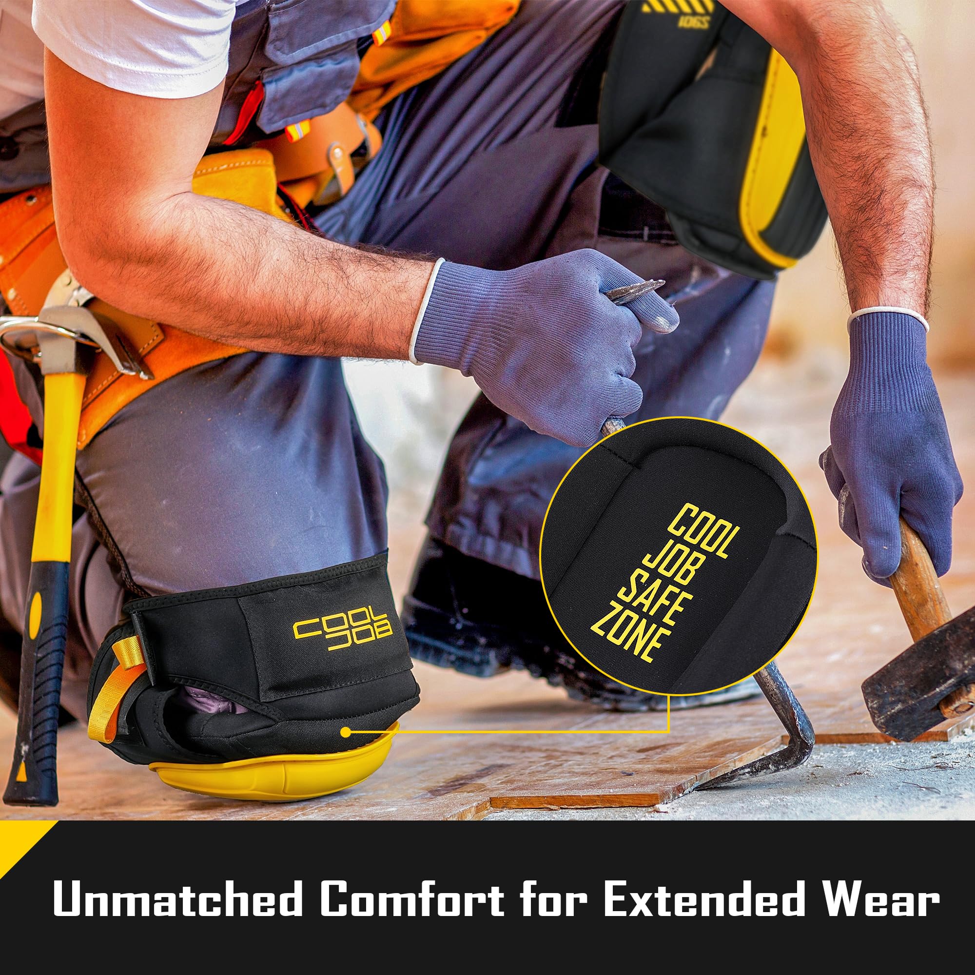 COOLJOB knee pads offer adjustable straps for a secure, customized fit