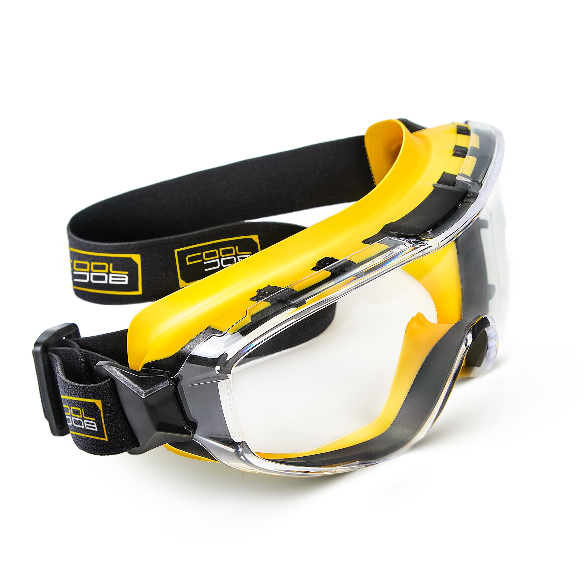 COOLJOB safety goggles worn over glasses for comfortable eye protection.