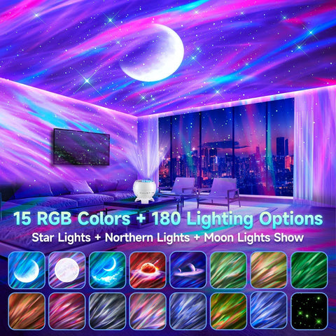 COOLNIGHT galaxy projector offers 15 colors and 5 moons for versatile room scenes.