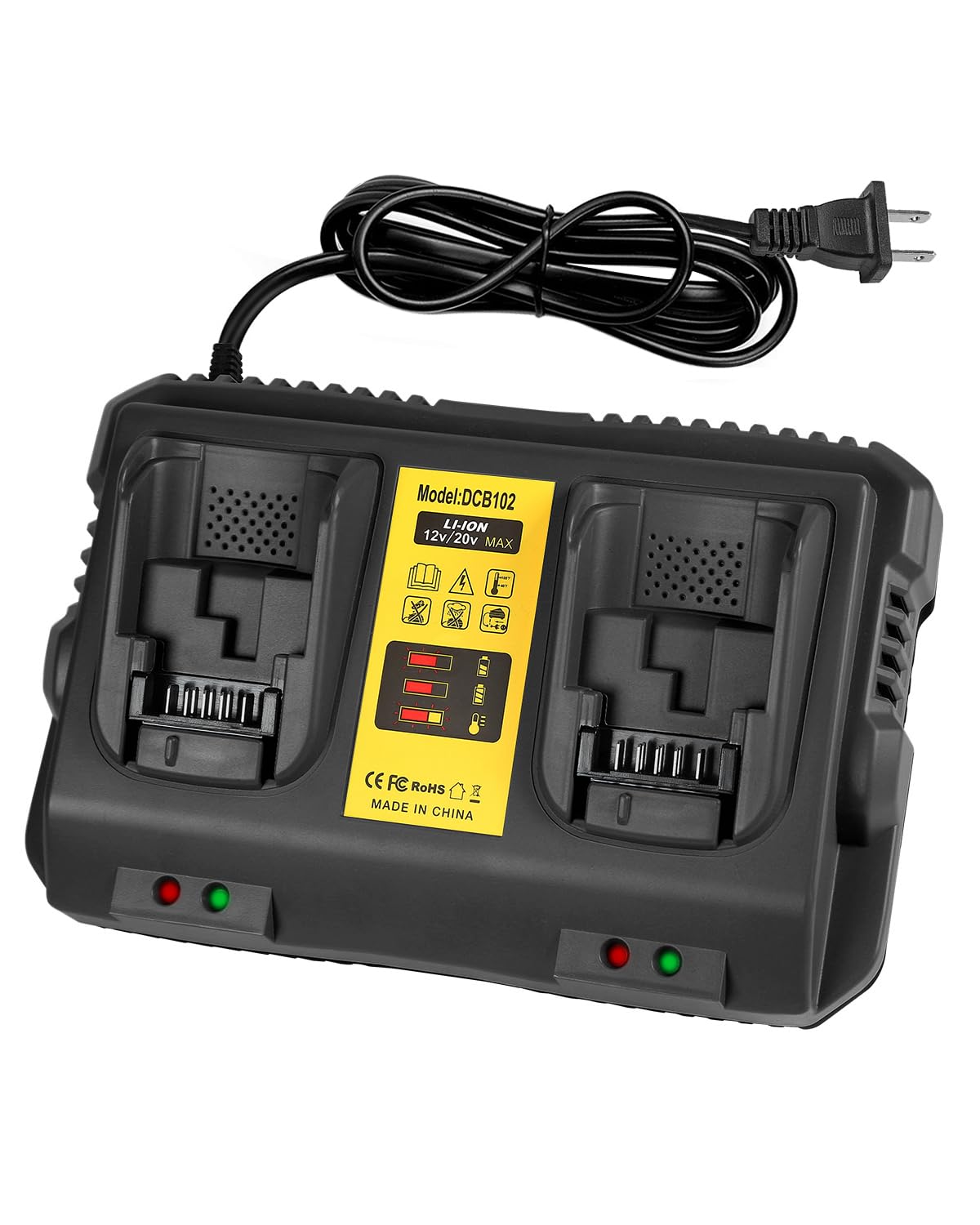 Coomyxin DCB102 dual-port charger powering two Dewalt batteries for quick workflow