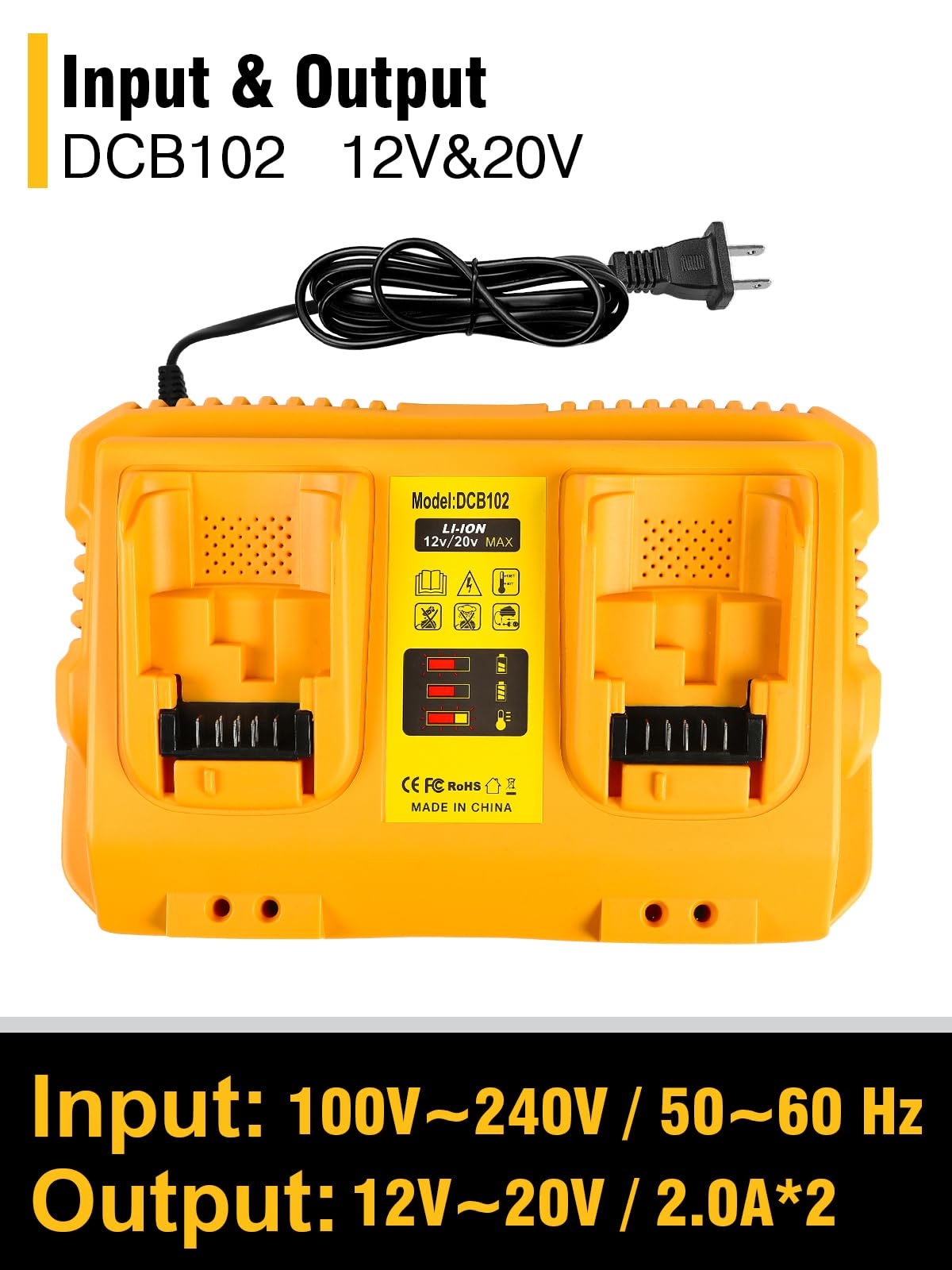 COOMYXIN DCB102 supports DeWalt 12V-20V batteries for flexibility.