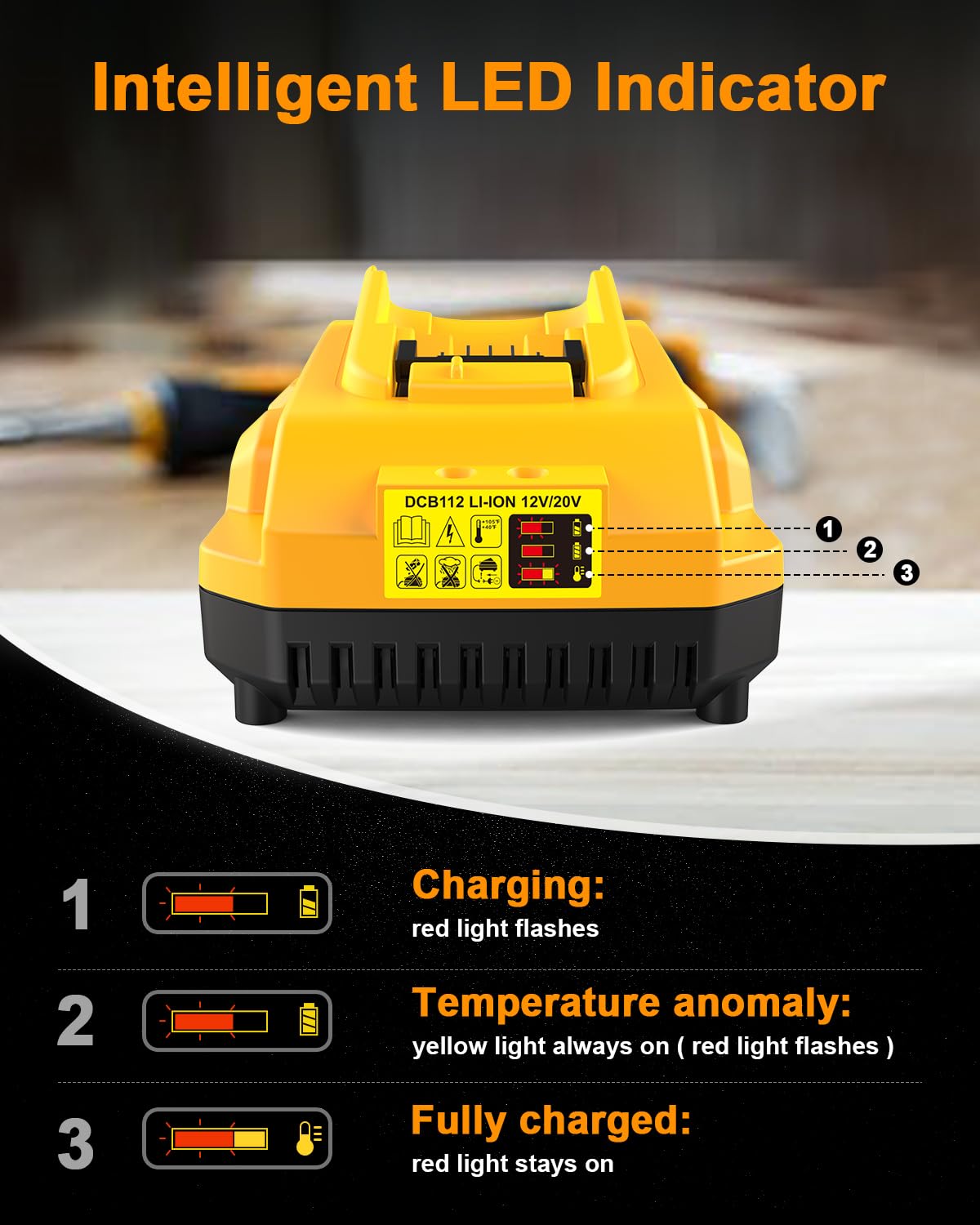COOMYXIN DCB112 LED indicator showing charging status and faults