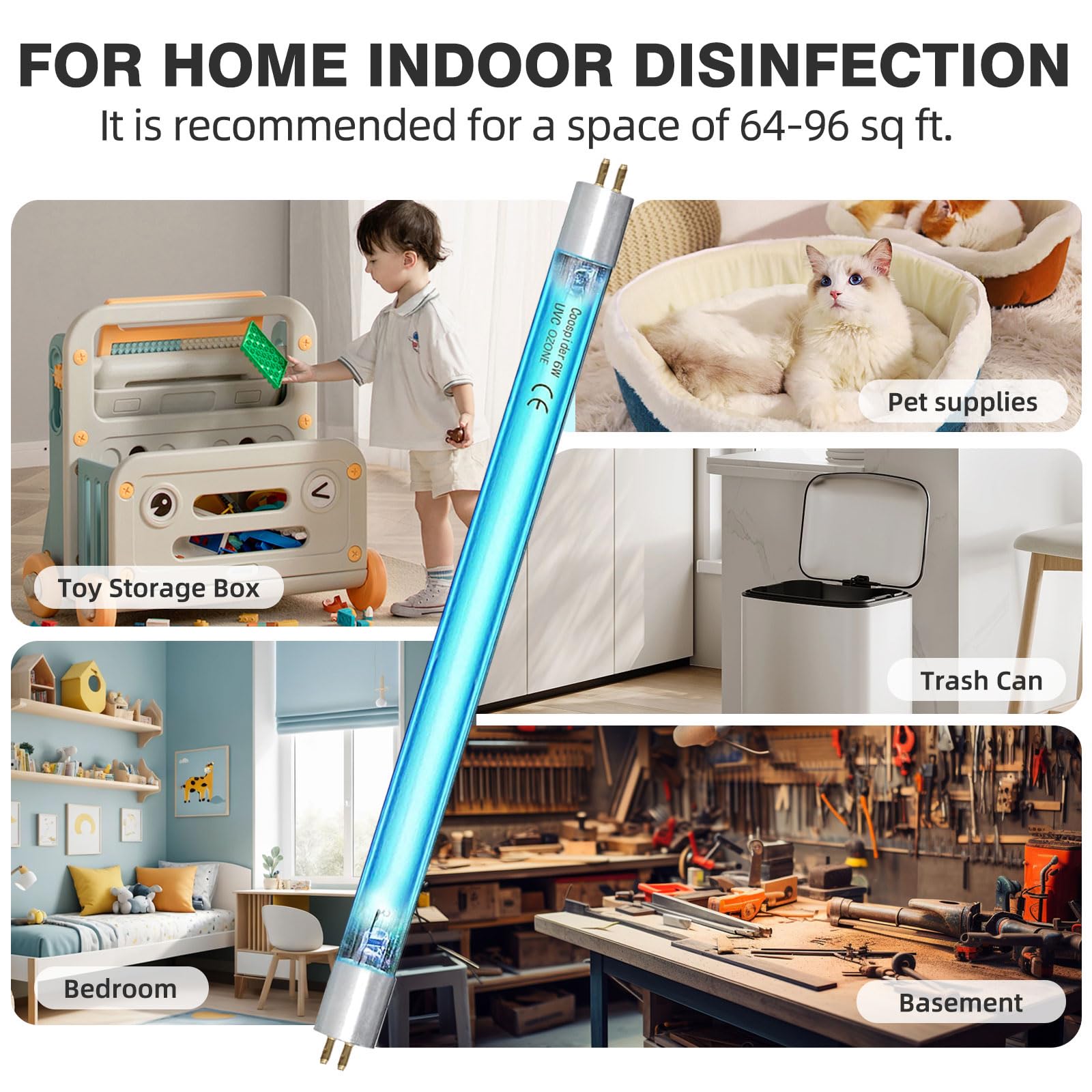 COOSPIDER 6W UV-C lamp in a kitchen cabinet for surface cleaning.