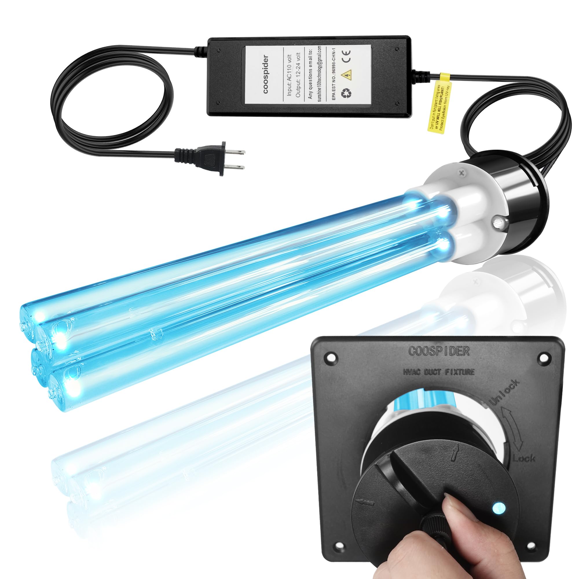 COOSPIDER 80W duct UVC light installed for strong sanitization inside a duct