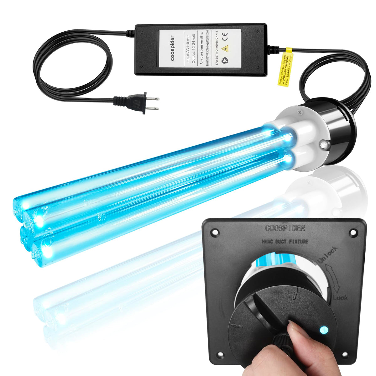 COOSPIDER 80W duct UVC light installed for strong sanitization inside a duct