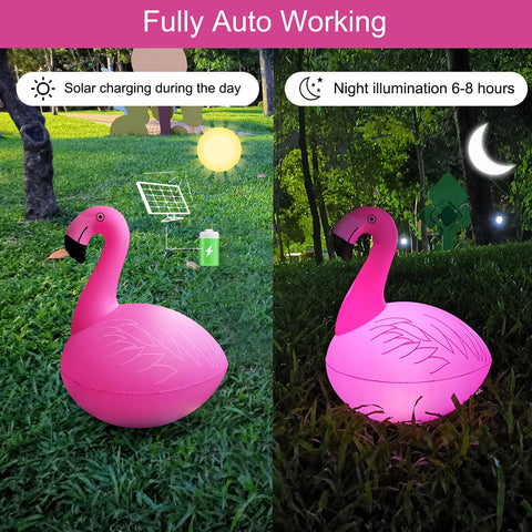Cootway solar flamingo lights float across water to brighten decks.