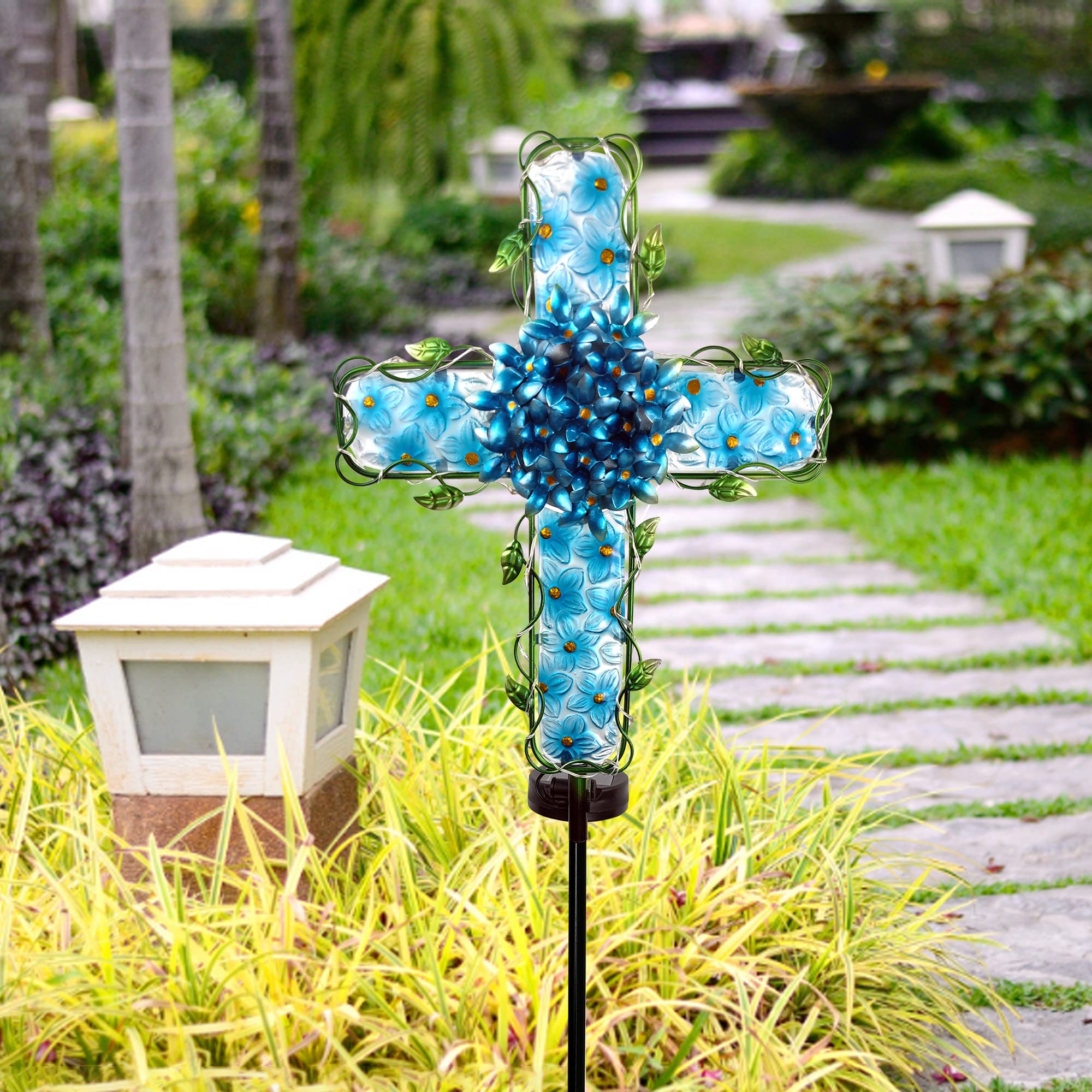 COOZZYHOUR metal-glass cross stake light adds decorative glow to beds.