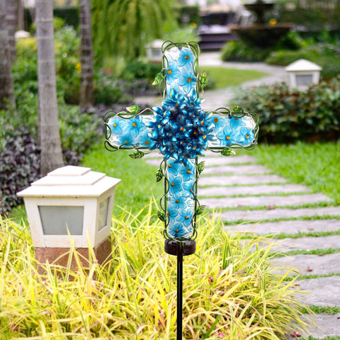 COOZZYHOUR metal-glass cross stake light adds decorative glow to beds.
