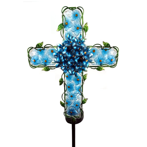 COOZZYHOUR solar cross light emphasizes blue hydrangea petals for garden ambiance.