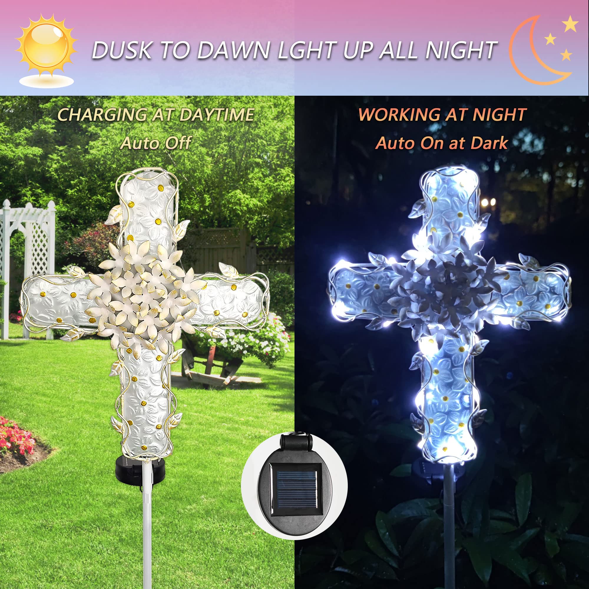 COOZZYHOUR glass-fusion cross flower glow enhances pathways at dusk