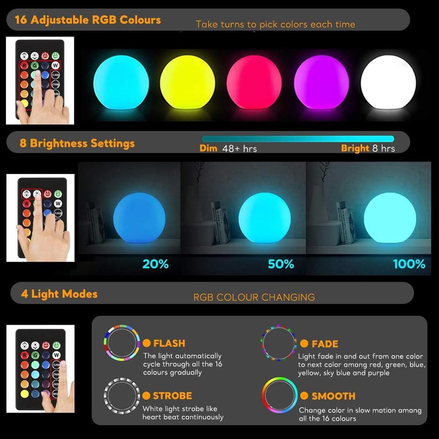 COPU LED Ball Light with remote control for easy color shifts from across the room.