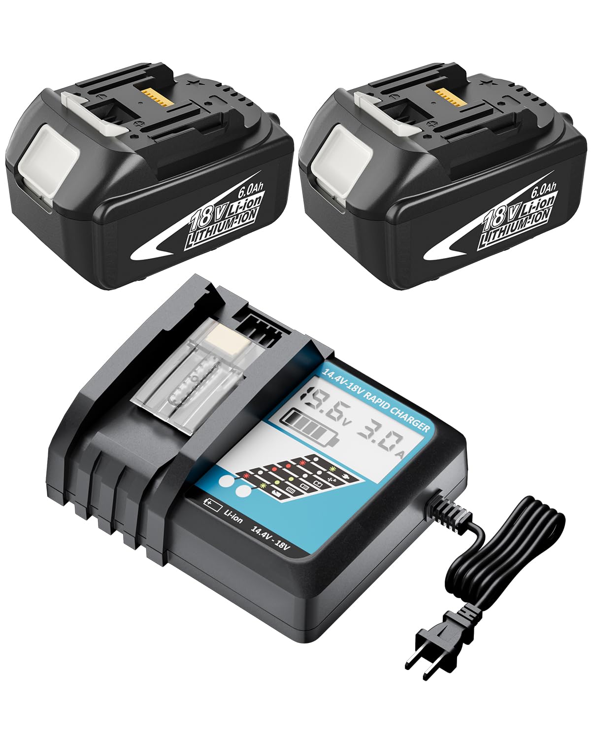 Coraybat 2Pack 6.0Ah battery front view powering Makita tools