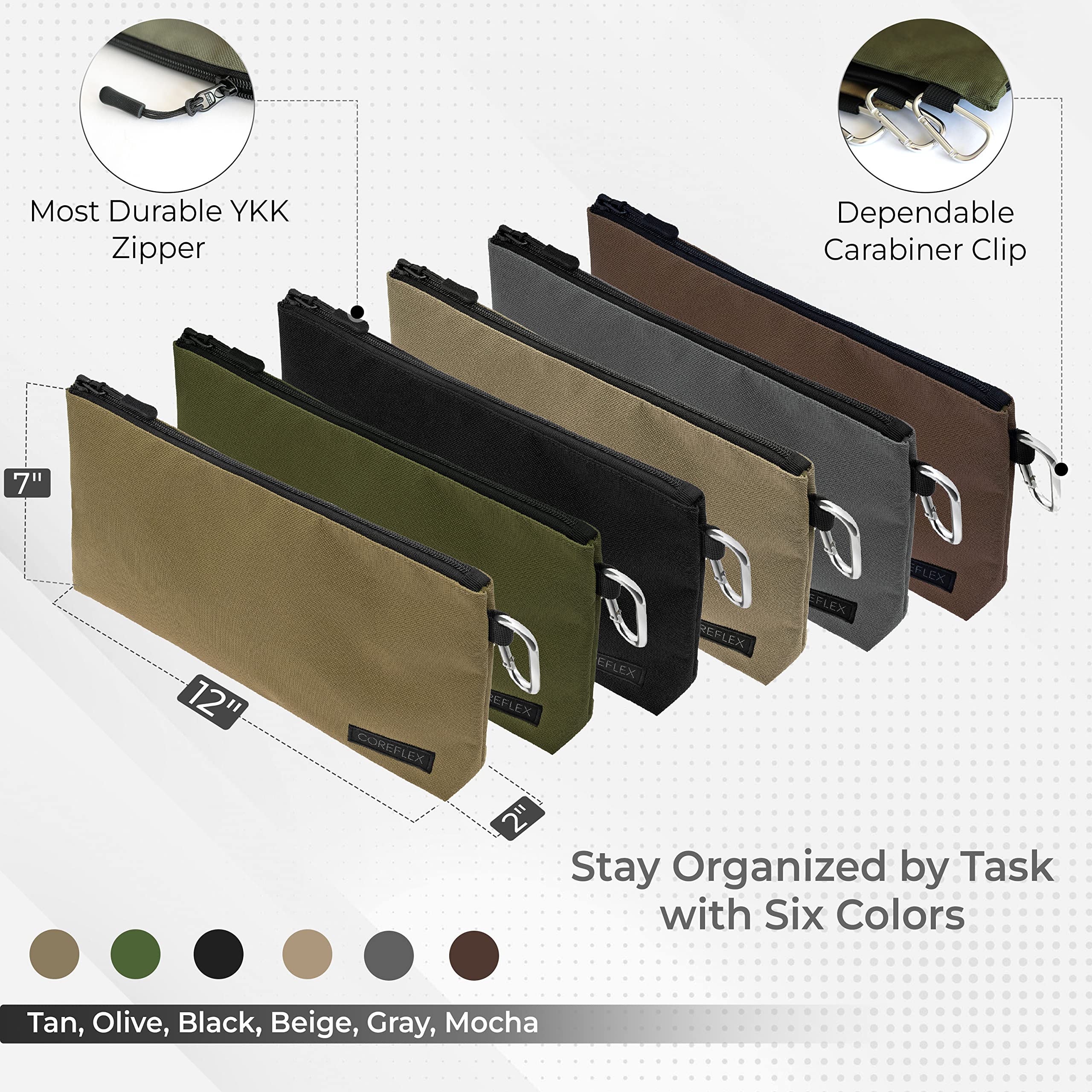 COREFLEX Premium Tool Pouch flat bottom provides stable standing on a workbench