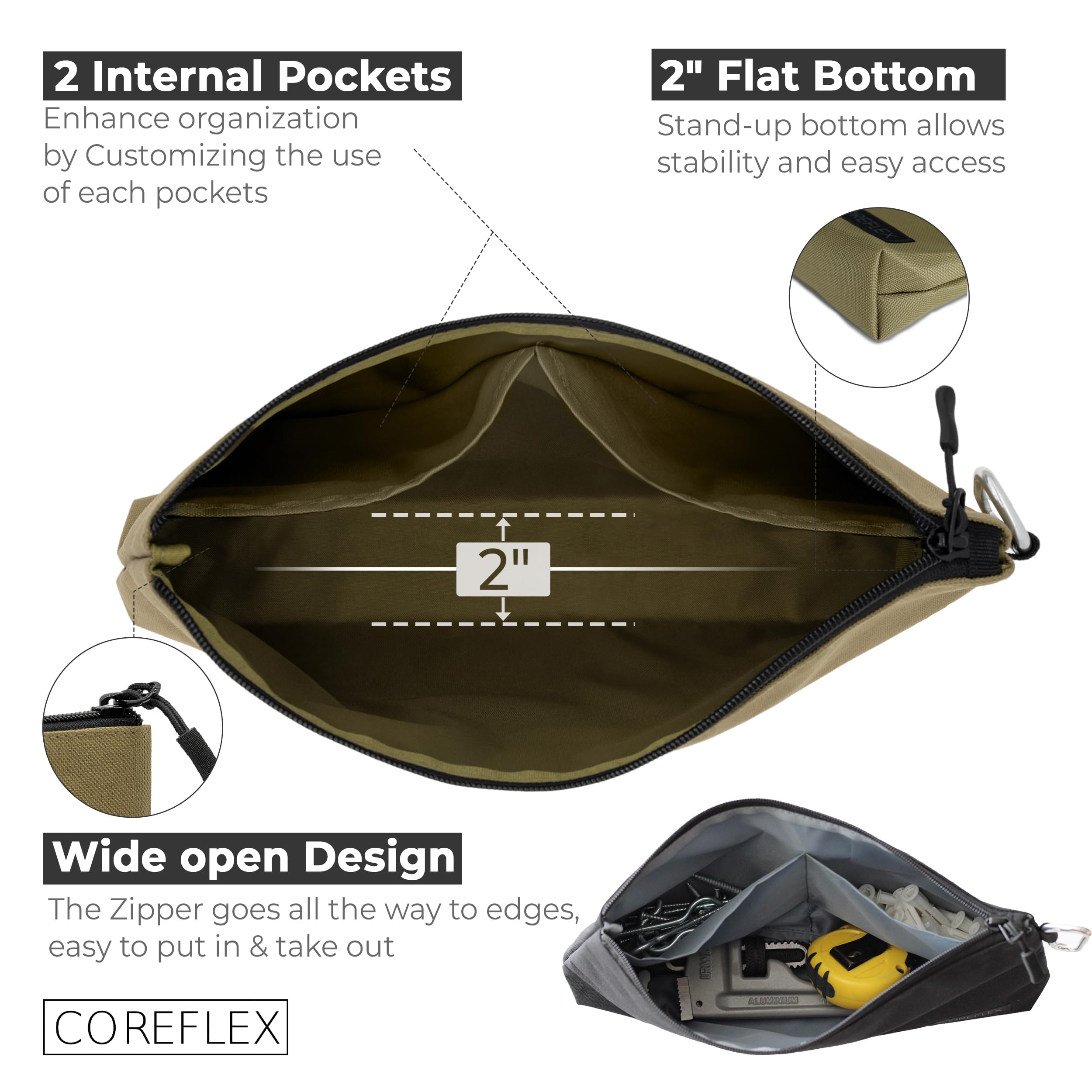 COREFLEX Premium Tool Pouch side view demonstrates organized interior for tools