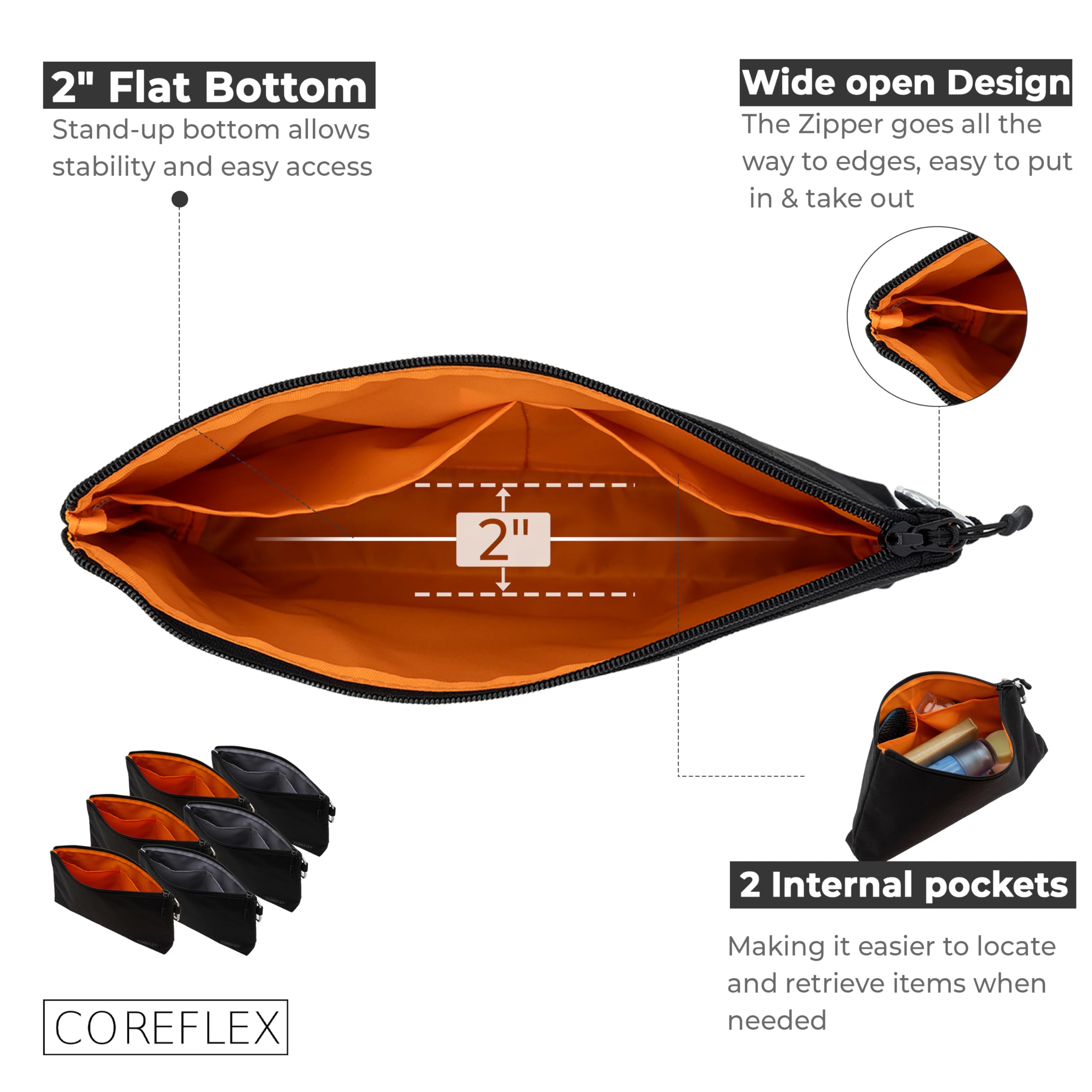 COREFLEX tool pouch with flat-bottom design provides stable, accessible storage