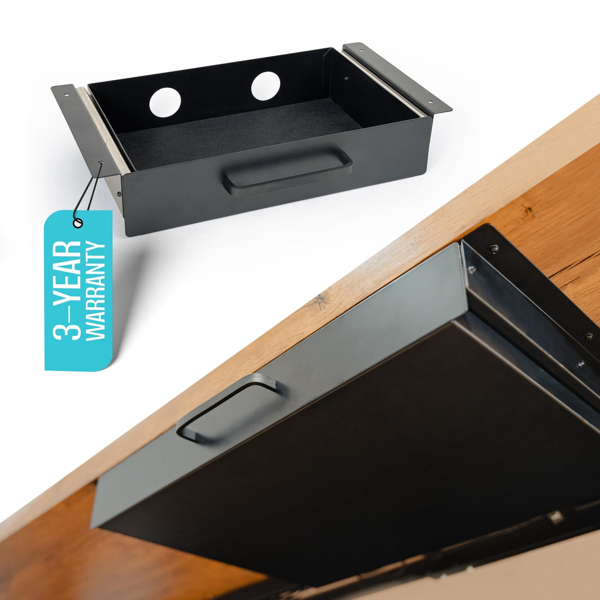 COREMINDED under desk drawer front view in matte black finish for accessible storage.