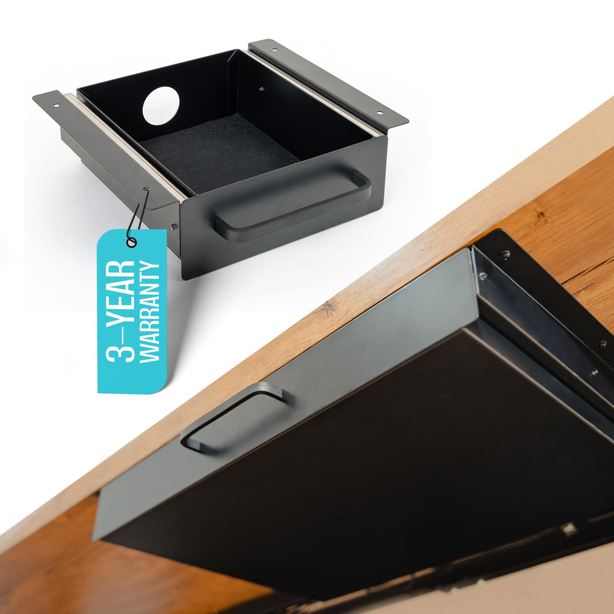 COREMINDED under-desk drawer in carbon steel matte black for premium organization.