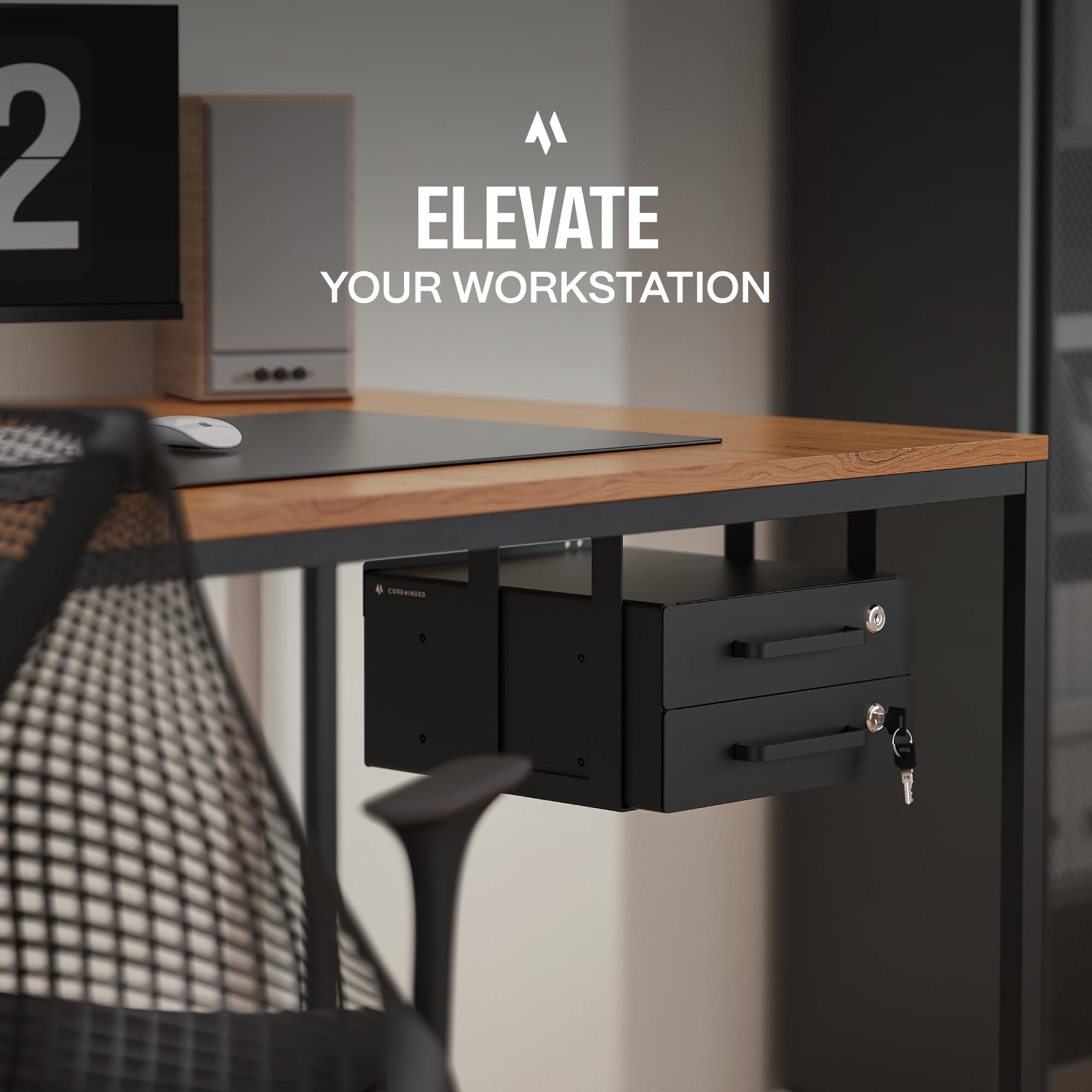 COREMINDED bracketed under-desk drawer slide-out adds storage with padded top shelf protection.
