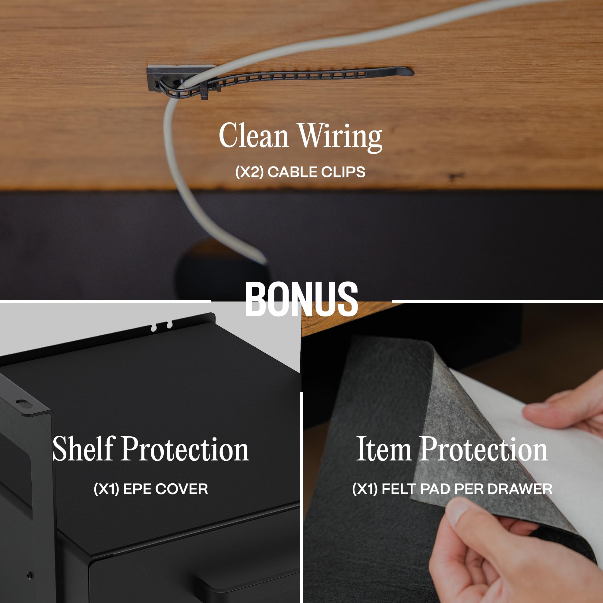 COREMINDED premium wool felt pad on the under-desk drawer slide-out protects items.