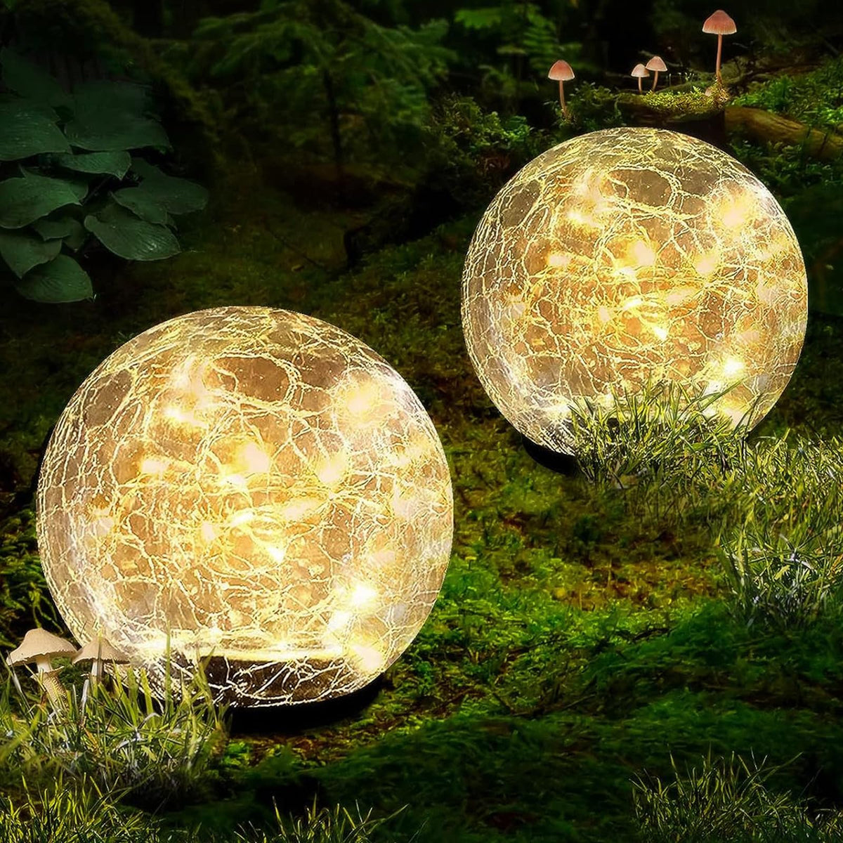 Coroor crackle-glass globe light along a garden path, creating magical outdoor ambiance.