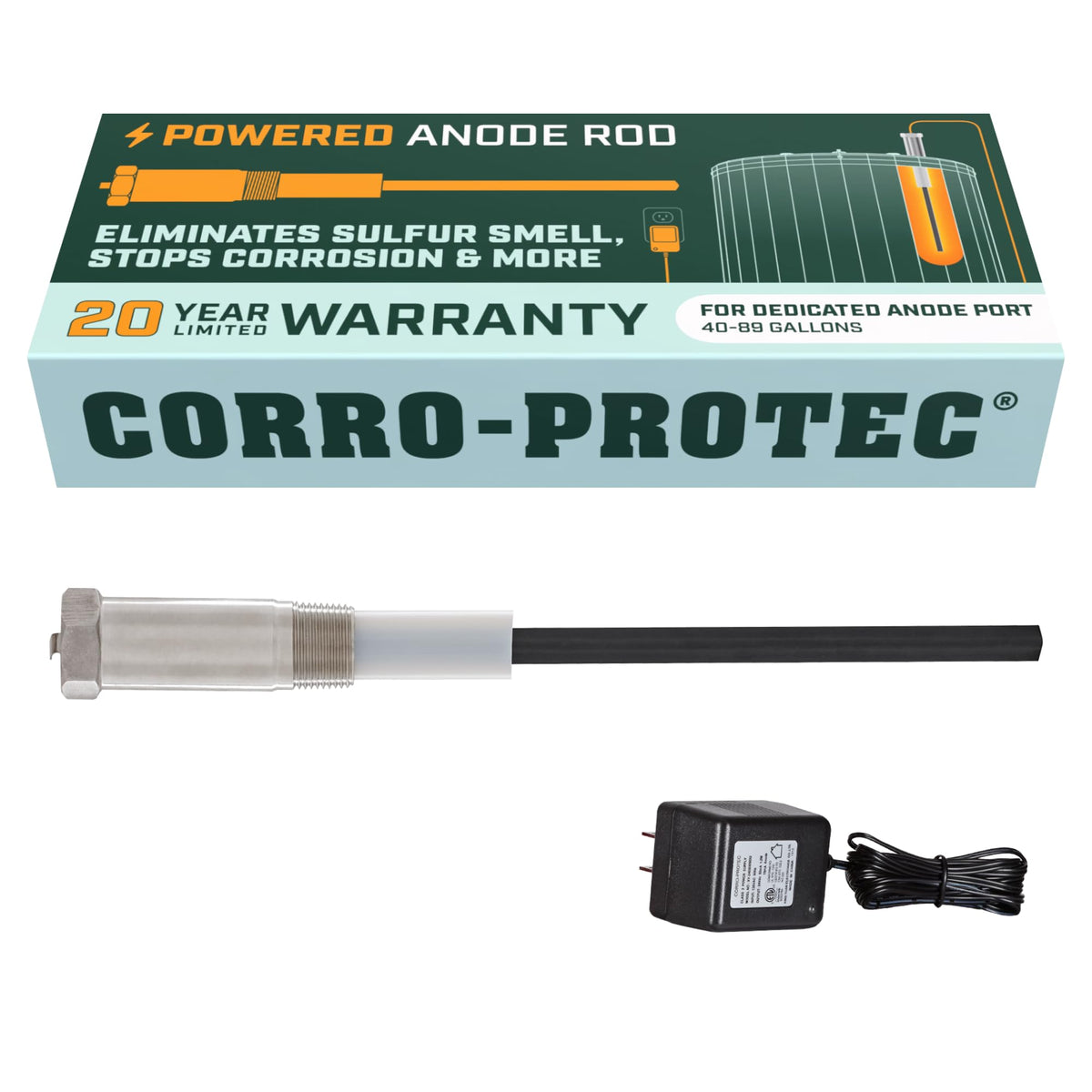 Corro-Protec powered anode rod ready for top-port installation on a 40-89 gallon heater.