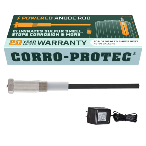 Corro-Protec powered anode rod ready for top-port installation on a 40-89 gallon heater.
