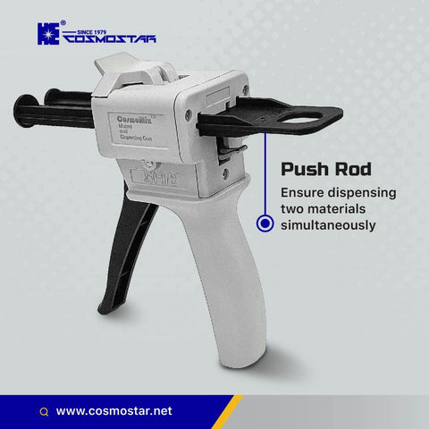 The gun supports 1:1 and 1:2 mixing ratios for epoxy tasks.