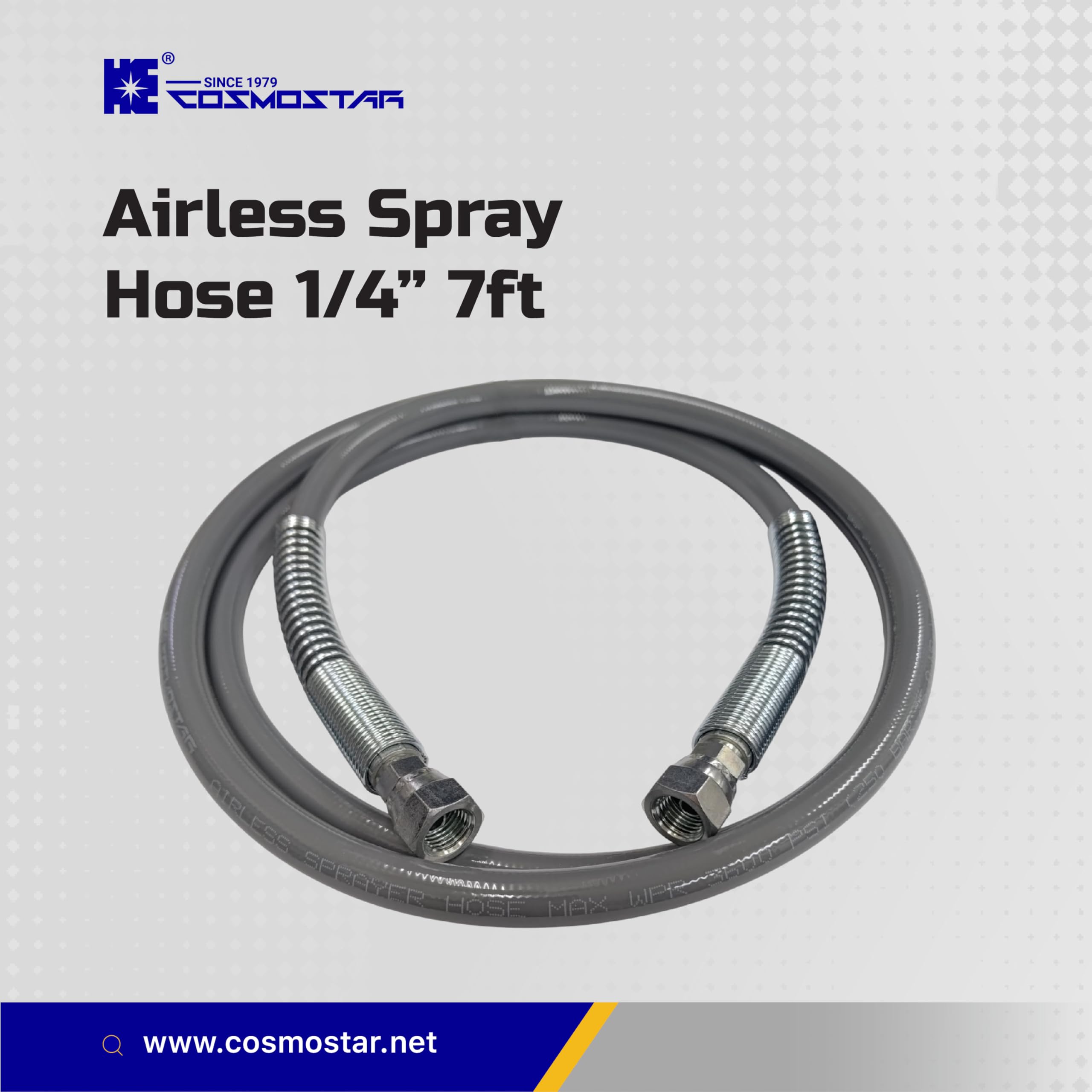 Cosmostar universal-fit whip hose simplifies tool swaps across compatible sprayers.