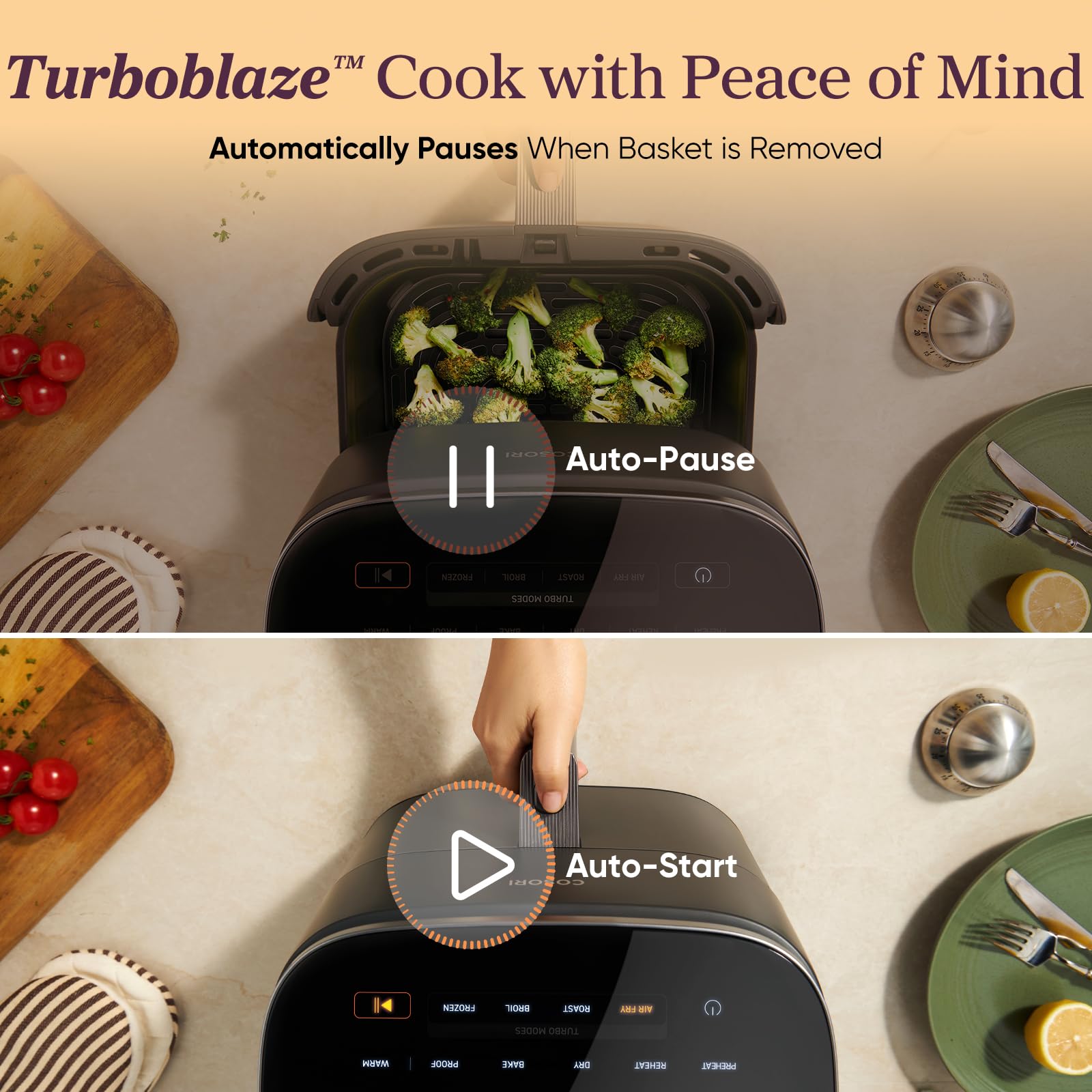 Cosori TurboBlaze 6-quart capacity designed for family meals without crowding.