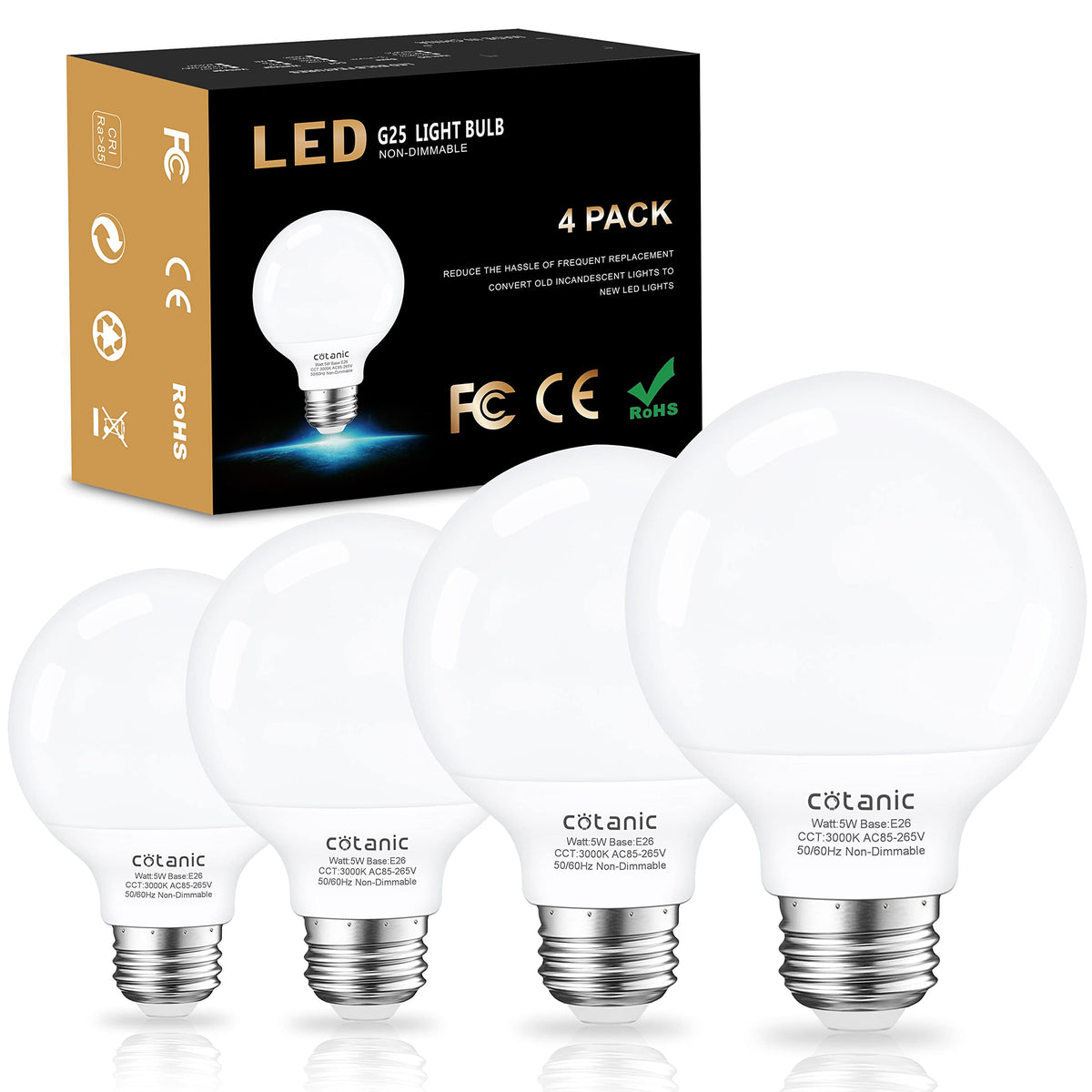 Cotanic G25 LED vanity bulb with 3000K soft white glow for bathrooms