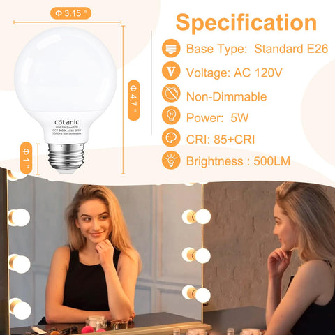 Cotanic globe light bulb 3000K provides warm, even vanity lighting