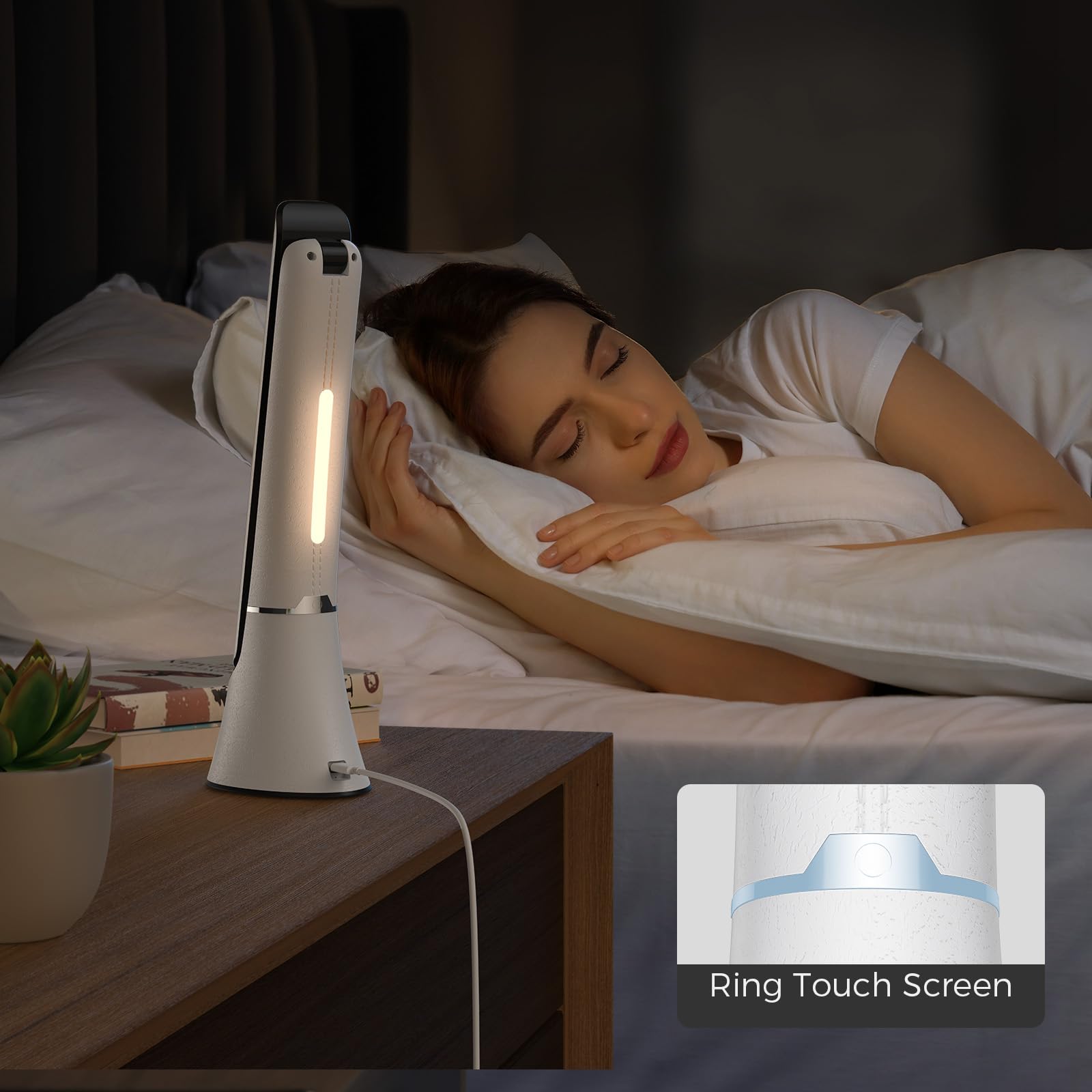 Cotlike Compact lamp demonstrates adjustable angle for versatile positioning.