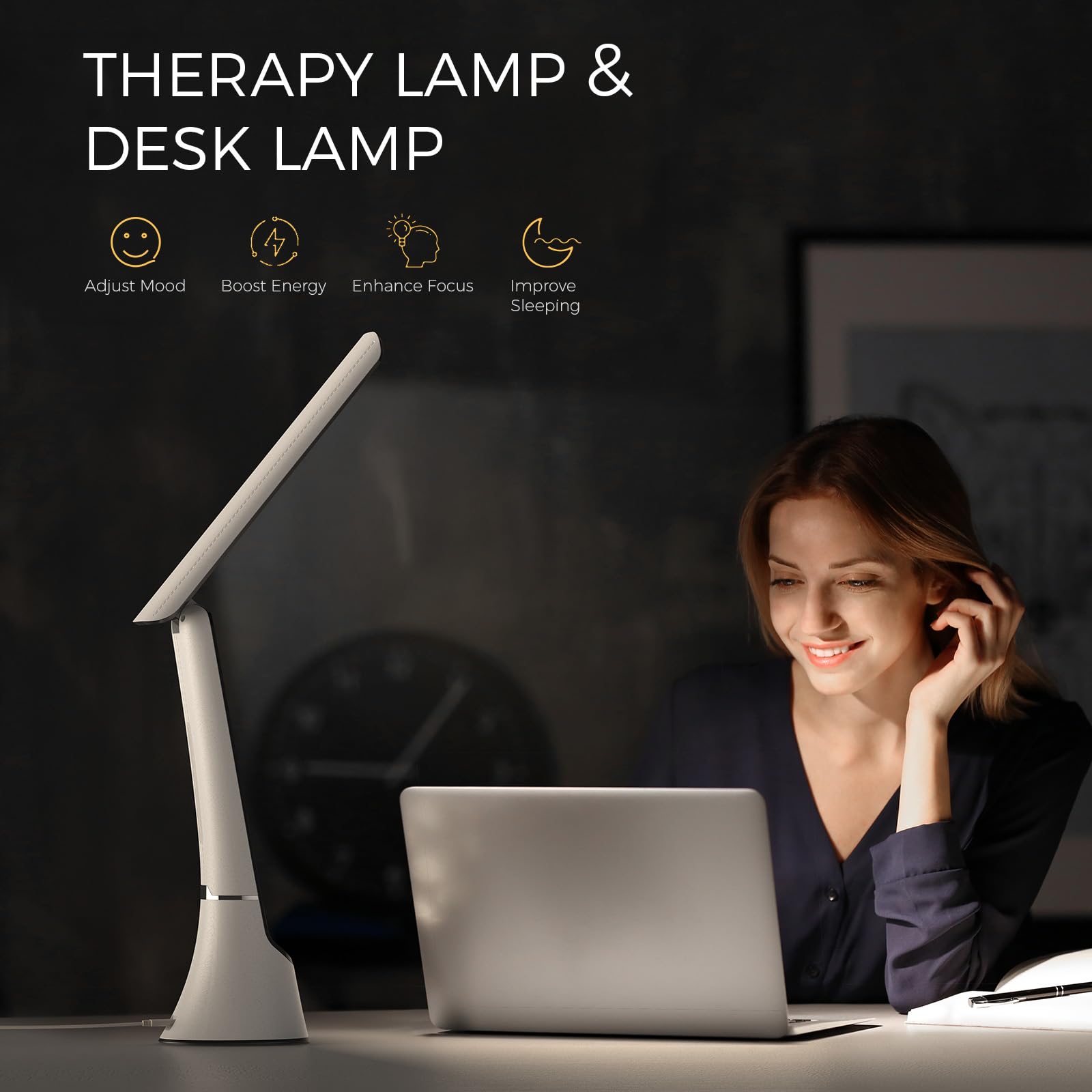 Cotlike Light Therapy Lamp on desk ideal for workspaces with full spectrum mood lighting.